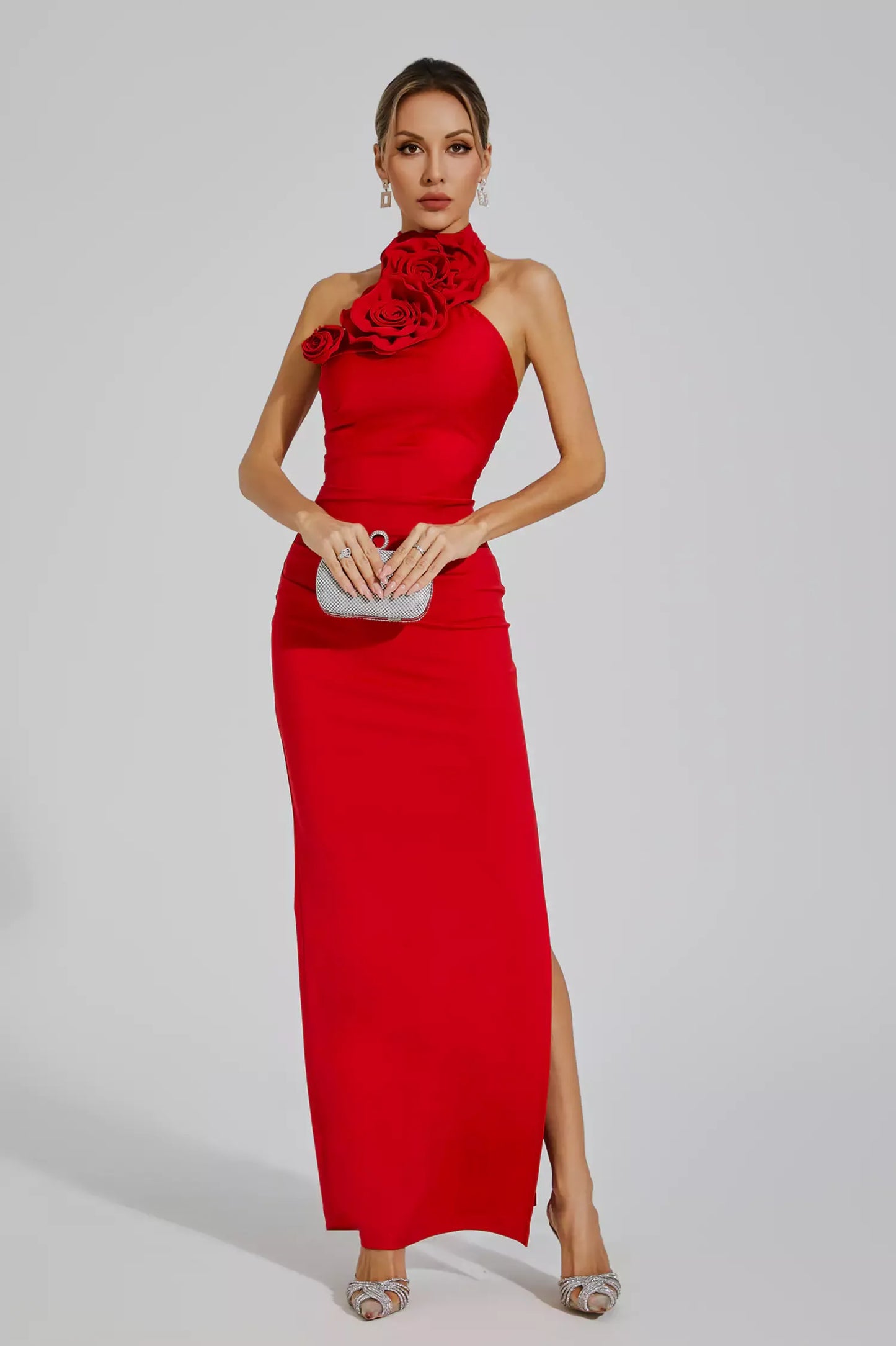 Dalary Red Floral Ruched Halter Maxi Dress