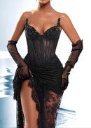 Xylia Strapless Sequin Lace Corset Maxi Dress In Black