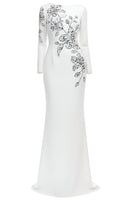 Romaine Long Sleeve Embellished Floral Detail Maxi Dress In White