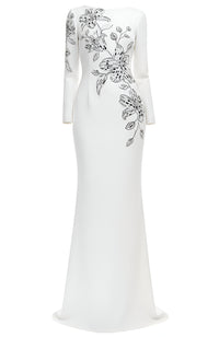 Romaine Long Sleeve Embellished Floral Detail Maxi Dress In White