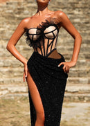 Myrviel Strapless Ruffle Corset Sequin Maxi Dress In Black