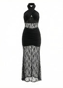 Batul Halter Lace Insert Ruched Maxi Dress