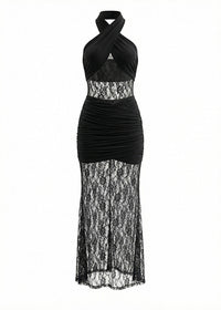 Batul Halter Lace Insert Ruched Maxi Dress