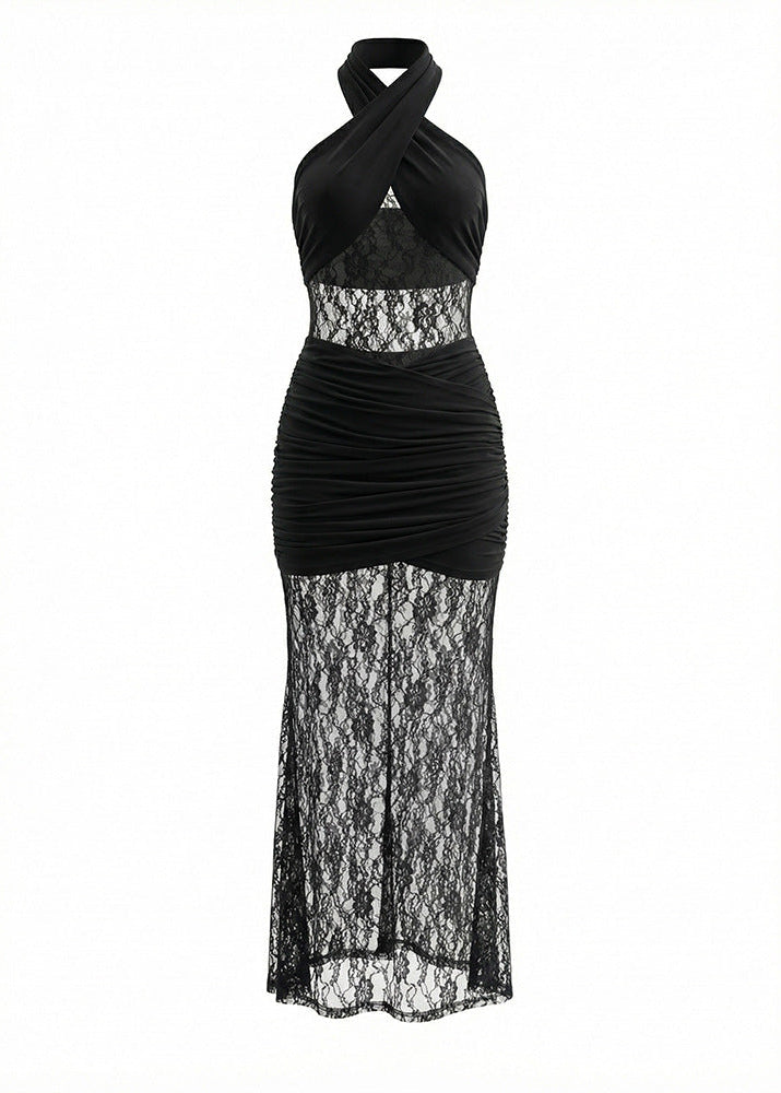 Batul Halter Lace Insert Ruched Maxi Dress