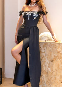 Naldrix Feather Bardot Crystal Maxi Dress In Black