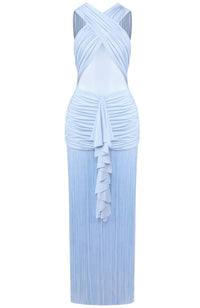 Haeldrin Draped Ruffle Tassel Maxi Dress In Blue