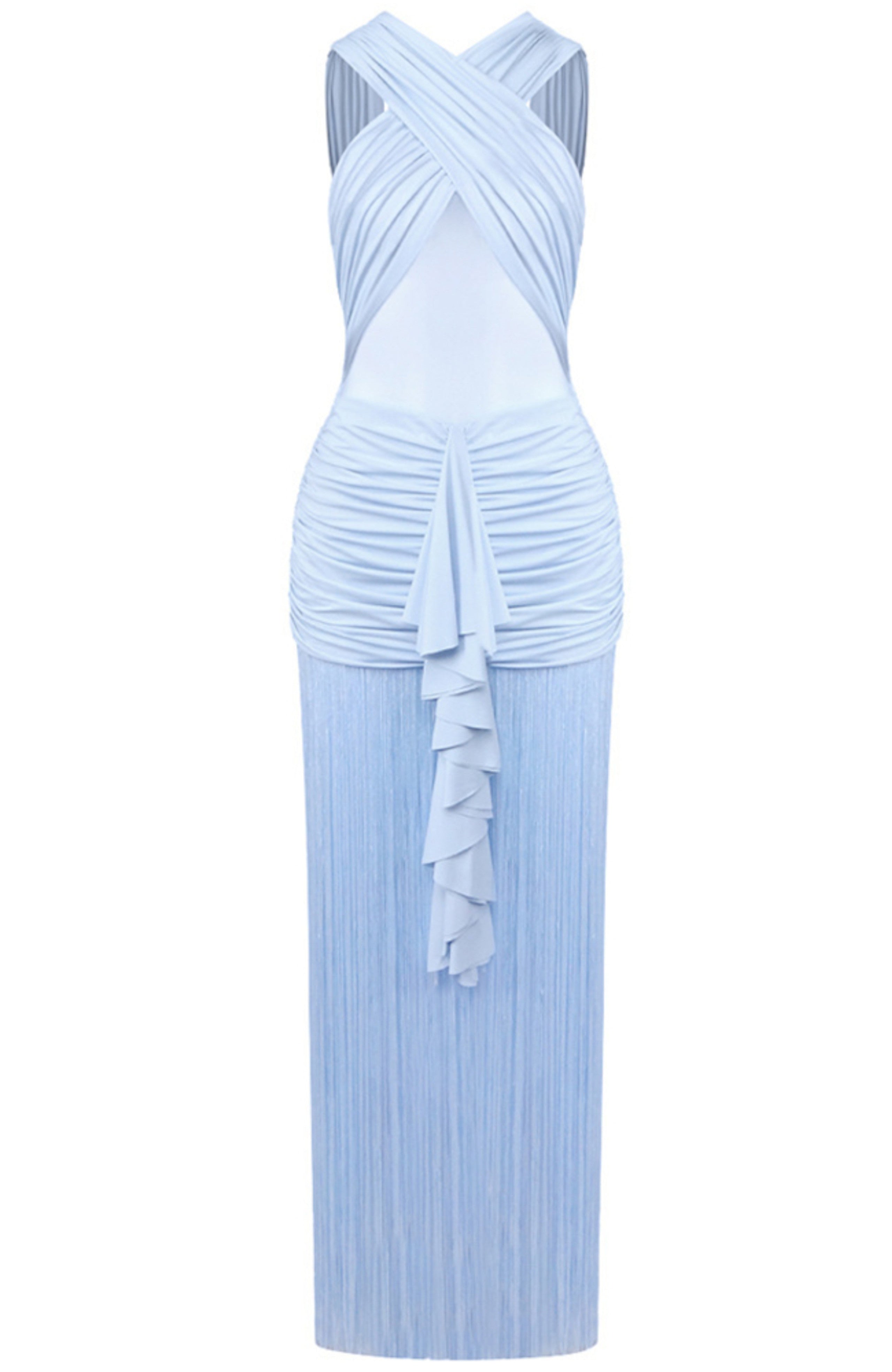 Haeldrin Draped Ruffle Tassel Maxi Dress In Blue