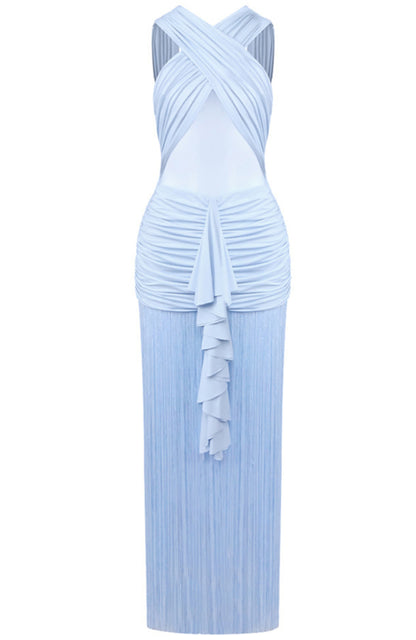 Haeldrin Draped Ruffle Tassel Maxi Dress In Blue
