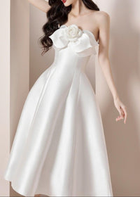 Valphyx Flower Satin Strapless Midi Dress In White