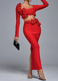 Dellis Flower Bandage Skirt Set In Red