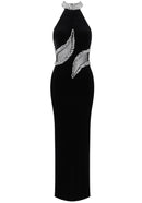 Marfa Halter Crystal Maxi Velvet Dress In Black
