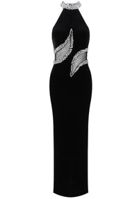 Marfa Halter Crystal Maxi Velvet Dress In Black