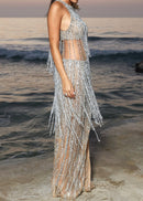 Tatyanah Crystal Tassel Maxi Dress In Nude