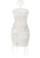 Glein Halter Floral Ruched Two Piece Dress In White