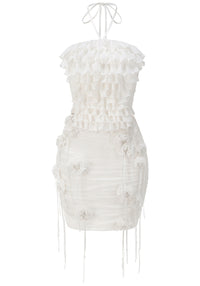 Glein Halter Floral Ruched Two Piece Dress In White