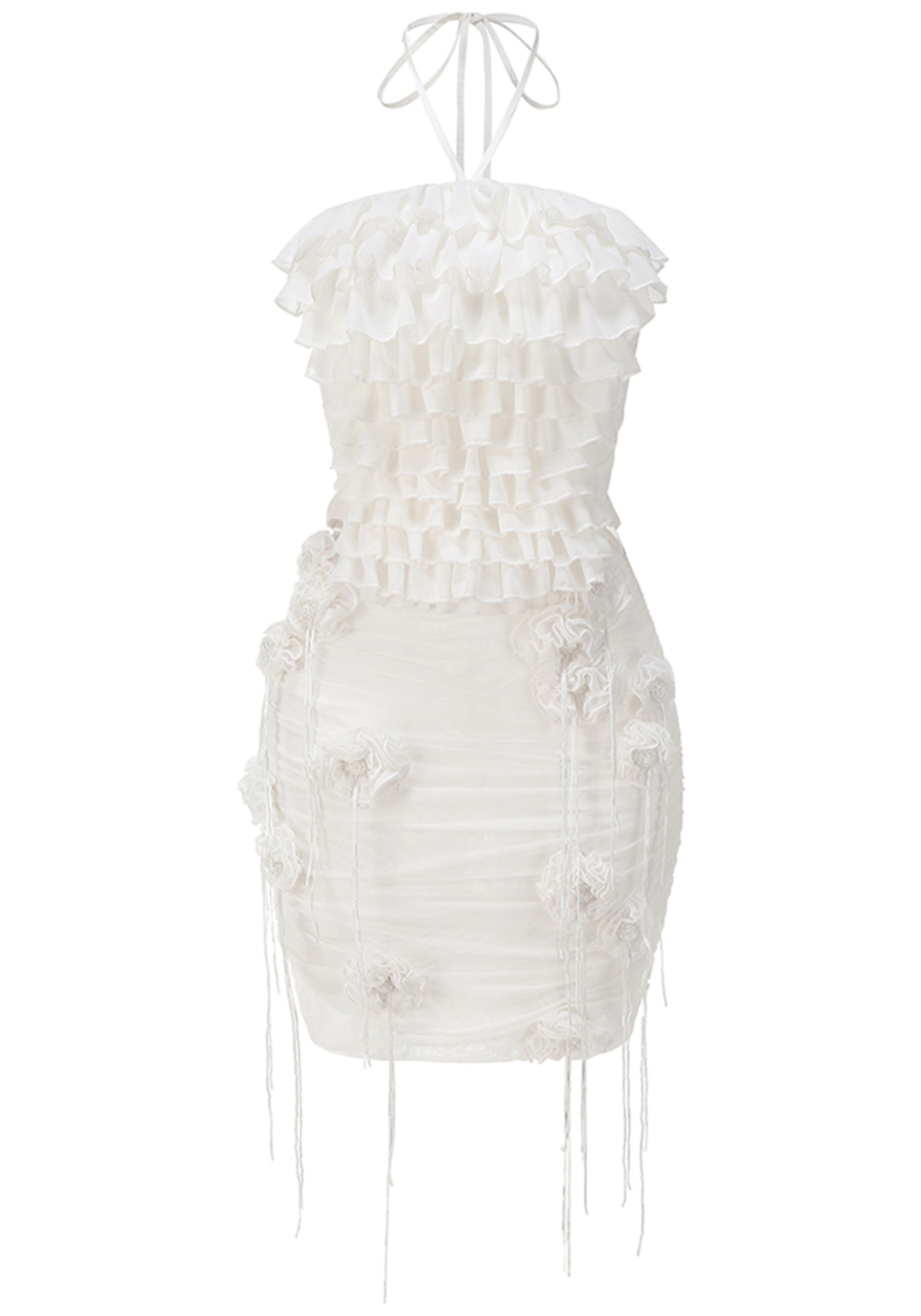 Glein Halter Floral Ruched Two Piece Dress In White