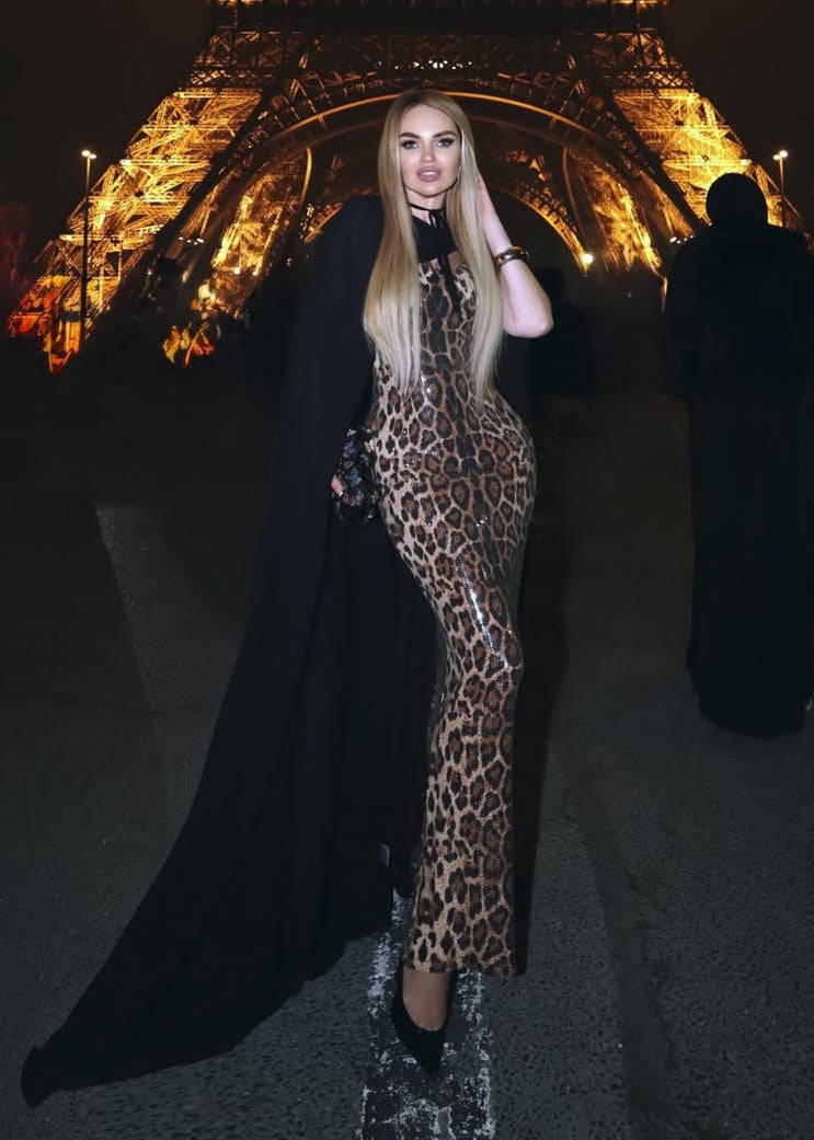 Vyron Cape Animal Print Maxi Dress