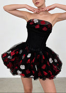 Alviva Strapless Floral Corset Bubble Mini Dress In Black