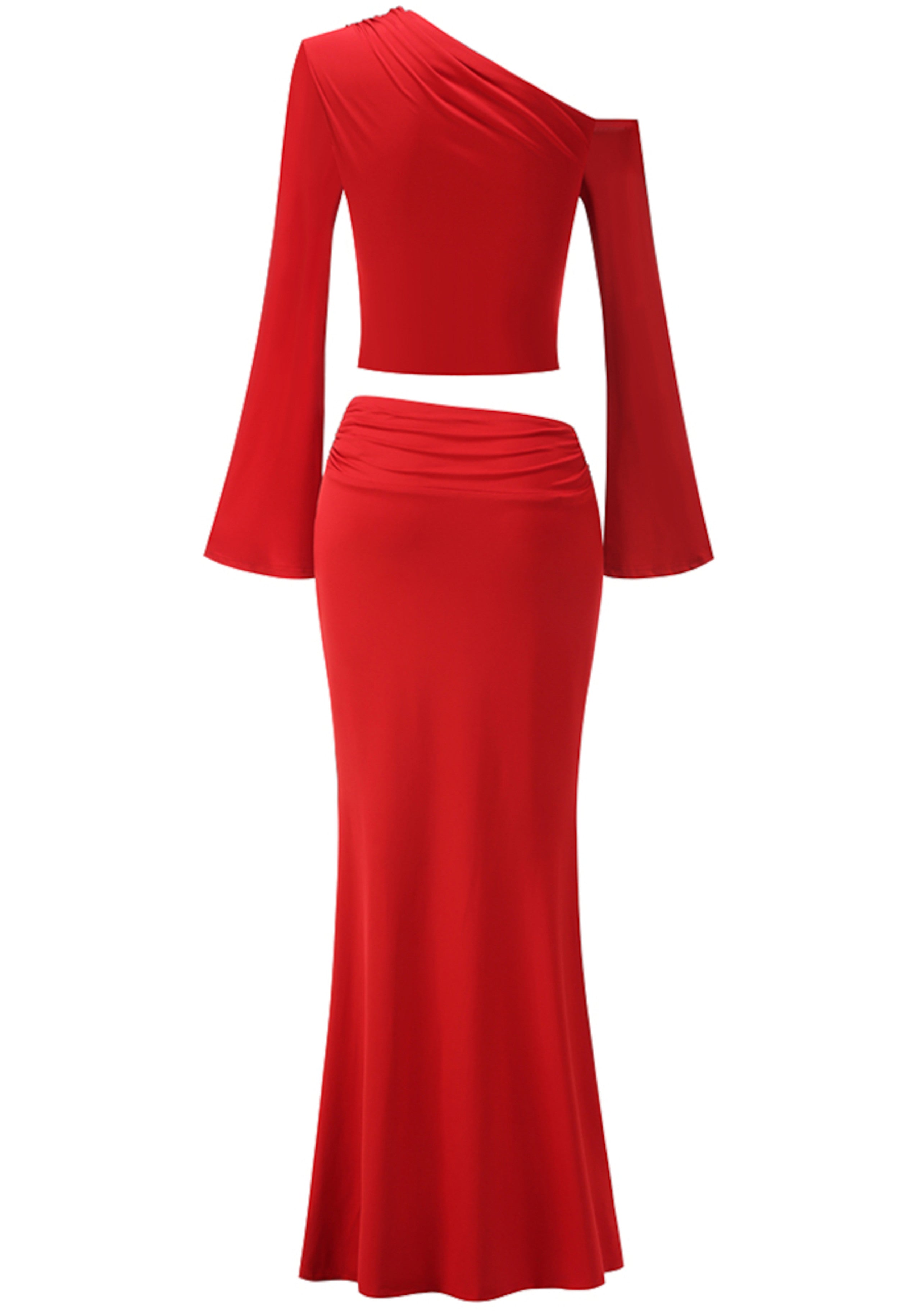 Janine Long Sleeve Bardot Two Piece Maxi Dress In Red