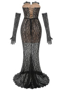 Aevren Strapless Lace Bustier Corset Maxi Dress In Black