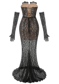 Aevren Strapless Lace Bustier Corset Maxi Dress In Black