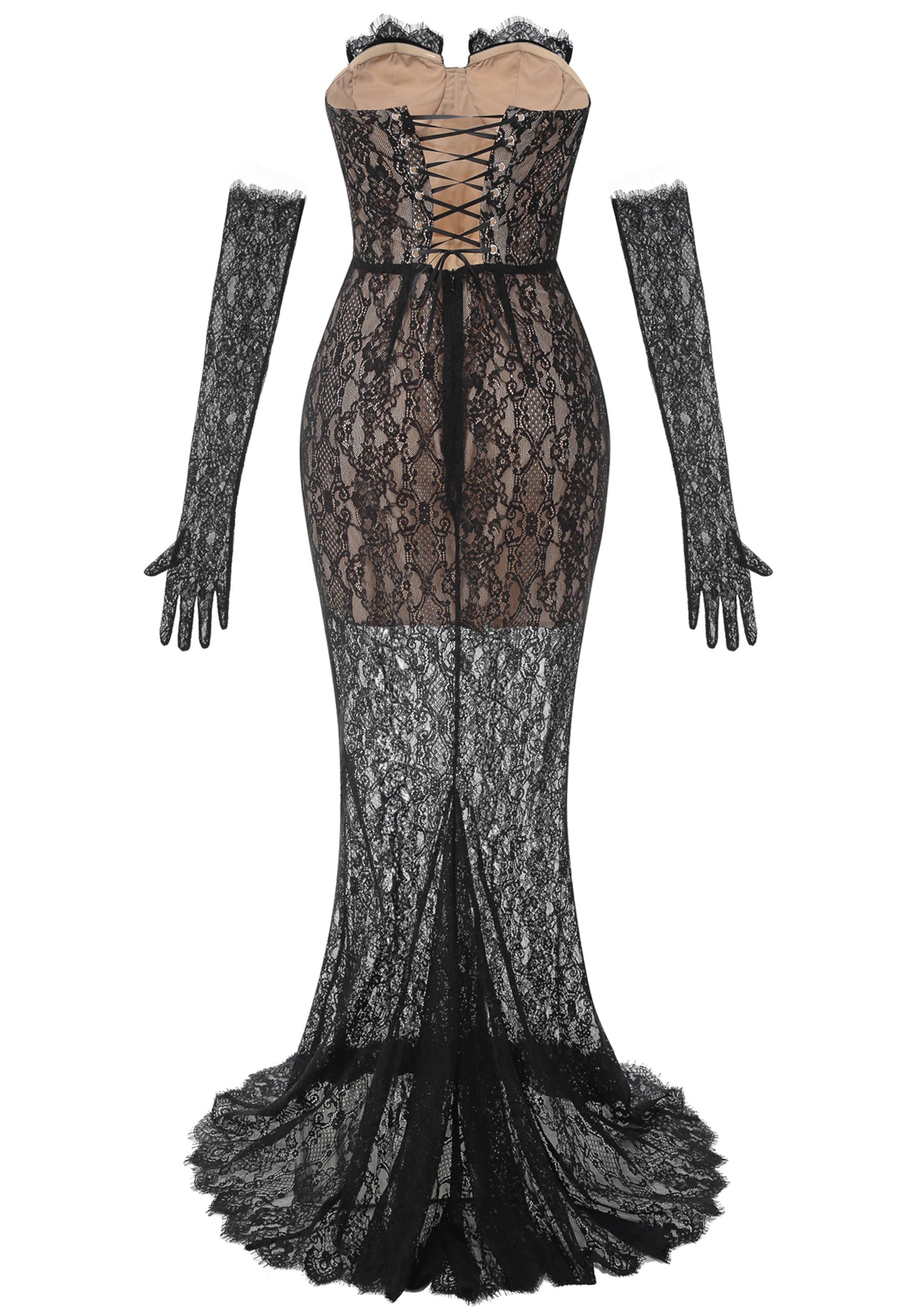 Aevren Strapless Lace Bustier Corset Maxi Dress In Black