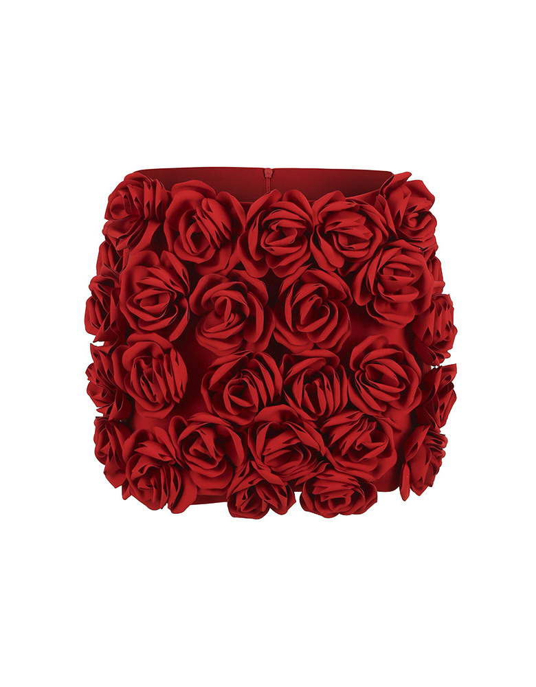 Tova 3D Flower Embellished Skirt In Red