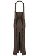 Mansi Halter Sparkly Maxi Dress In Brown