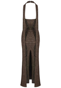Mansi Halter Sparkly Maxi Dress In Brown