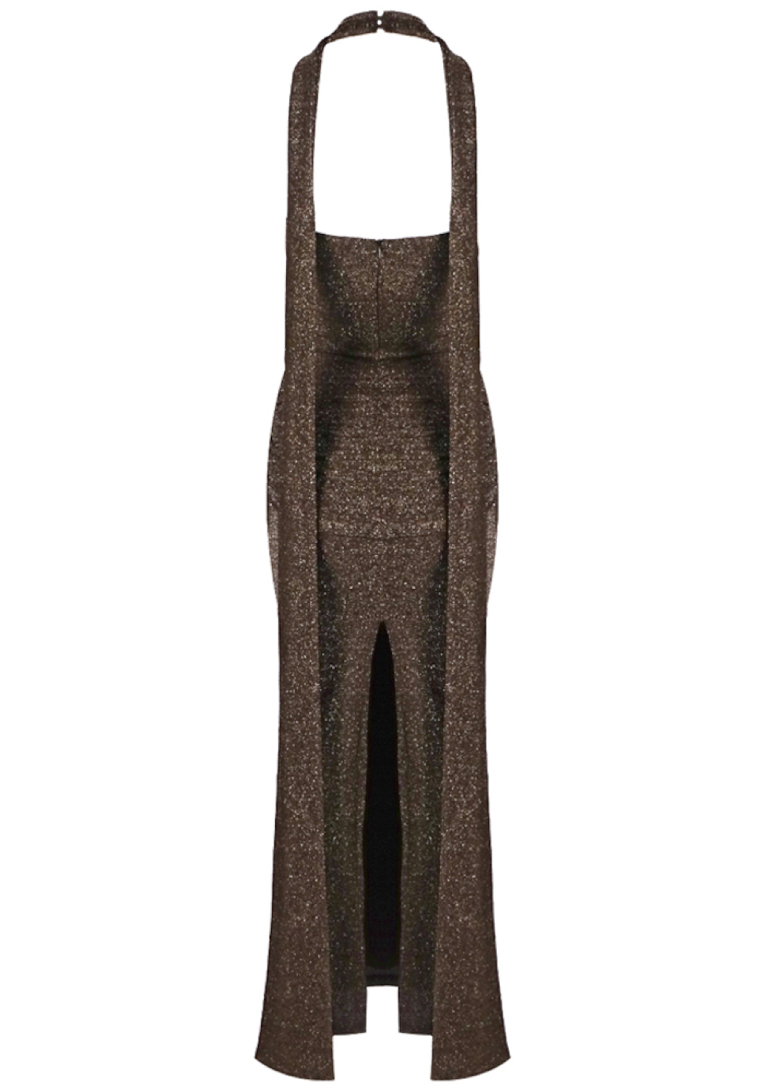 Mansi Halter Sparkly Maxi Dress In Brown
