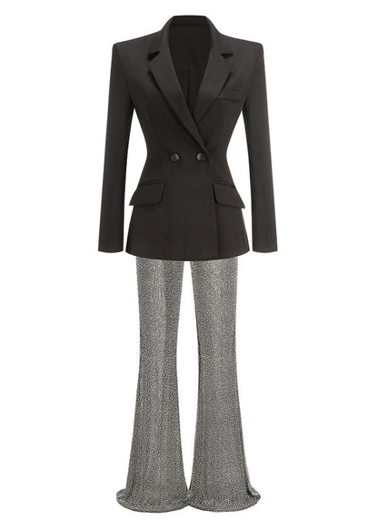 Netia V Neck Long Sleeve Rhinestone Suit In Black