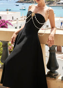 Ashur Pearl Detail A Line Midi Dress In Black