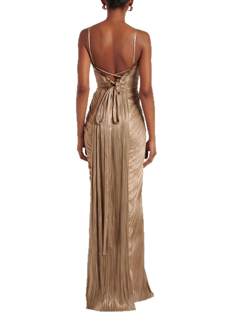 Katherine Gold Glossy Pleated Corset Maxi Dress