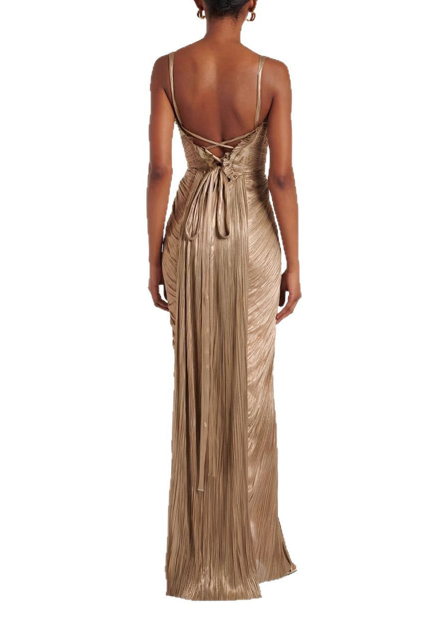 Katherine Gold Glossy Pleated Corset Maxi Dress