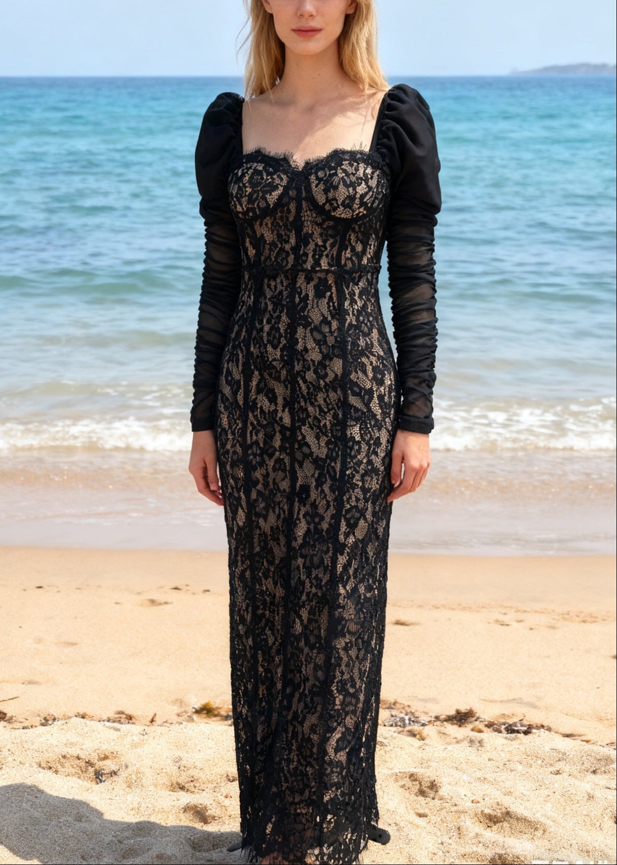 Farhad Puff Long Sleeve Lace Maxi Dress In Black
