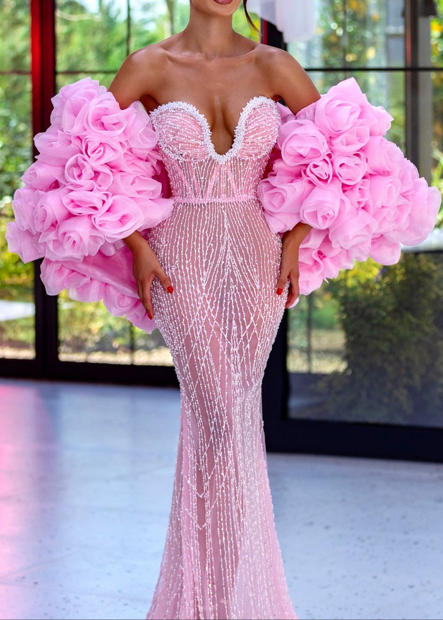 Adriel Strapless Crystal Bustier Sequin Maxi Dress In Pink
