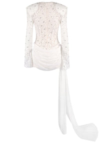 Jyrithia Long Sleeve Draped Sequin Lace Mini Dress In White