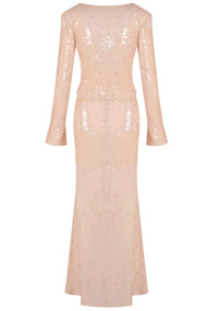 Damla Long Sleeve Sequin Two Piece Maxi Dress In Ivory