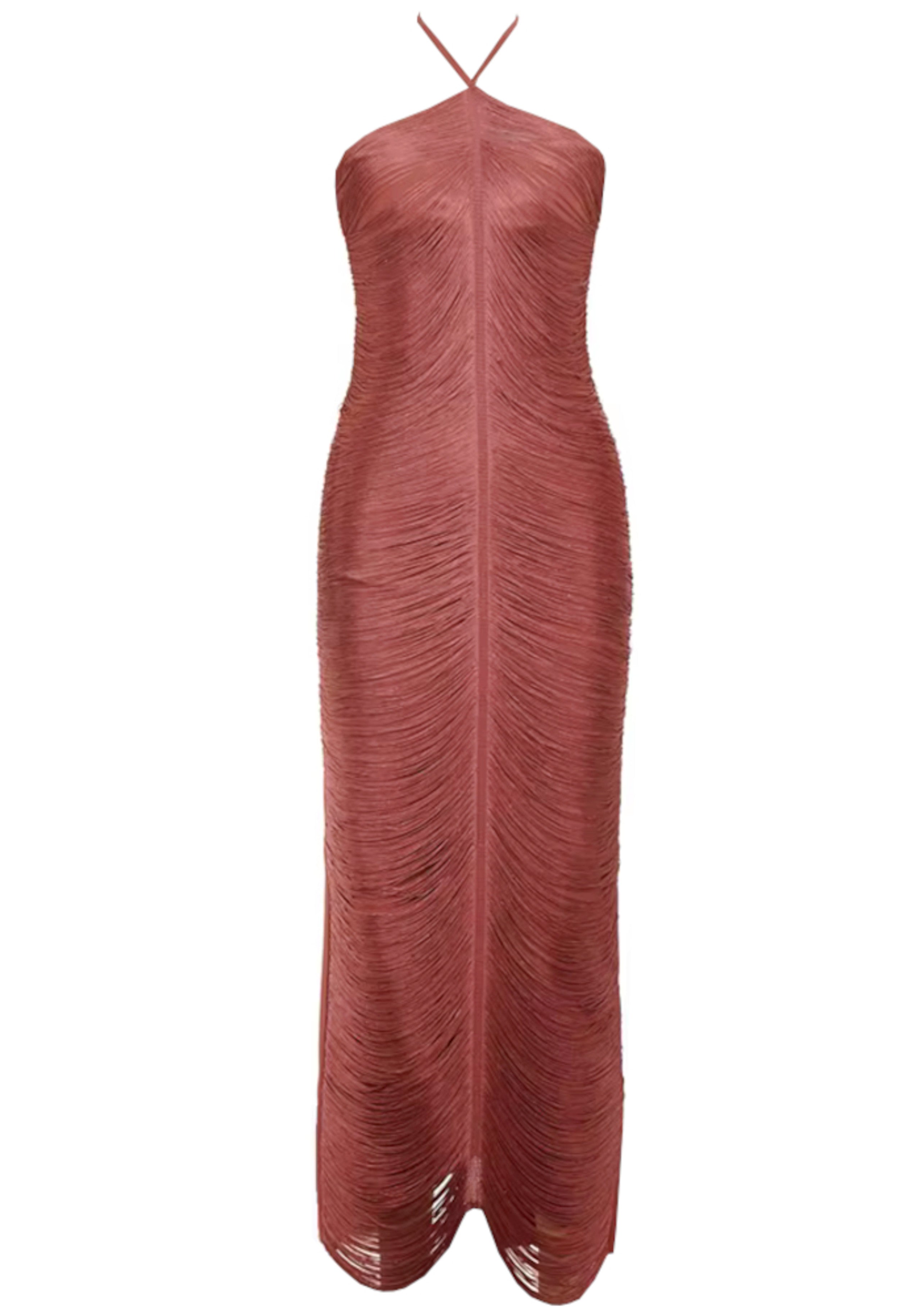 Helaine Halter Tassel Detail Maxi Dress In Rust