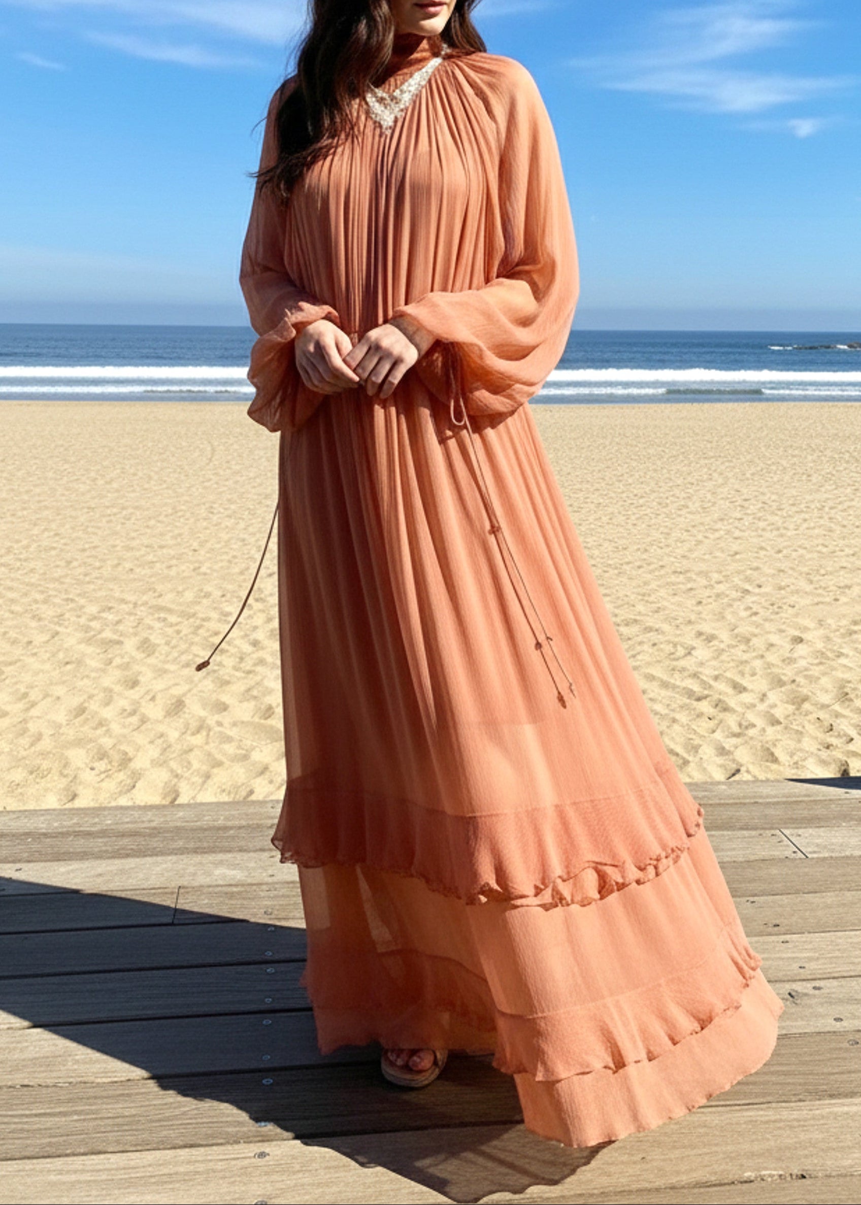 Farquhar Long Sleeve Ruffle Maxi Dress In Coral Pink