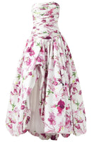 Isograph Strapless Ruched Floral Puff Maxi Dress In White Pink