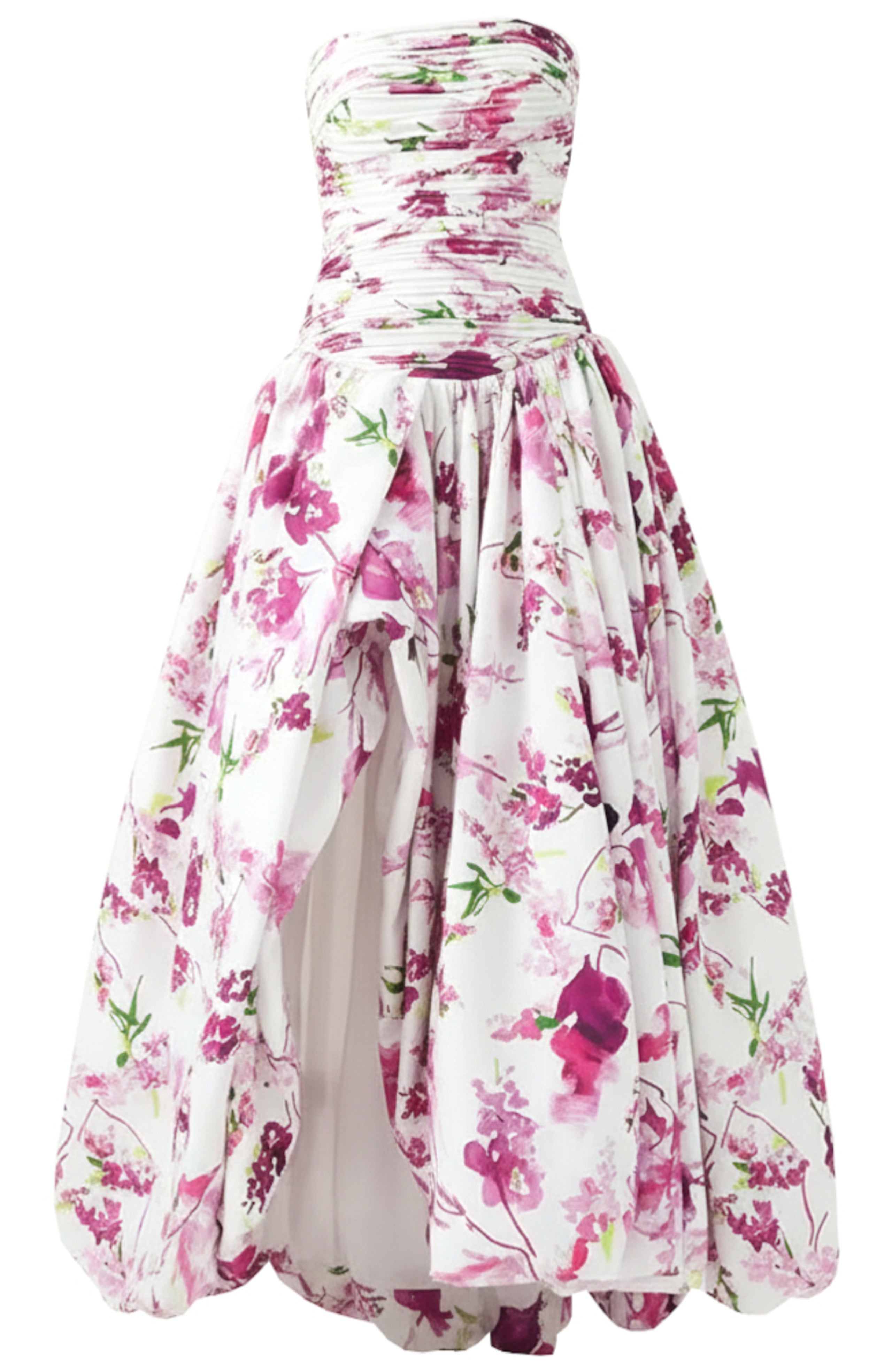 Isograph Strapless Ruched Floral Puff Maxi Dress In White Pink