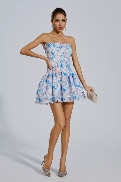 Fritia Floral Ruched Strapless Mini Dress In Blue