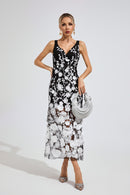 Plythar Ture Black Mesh Print Floral Dress