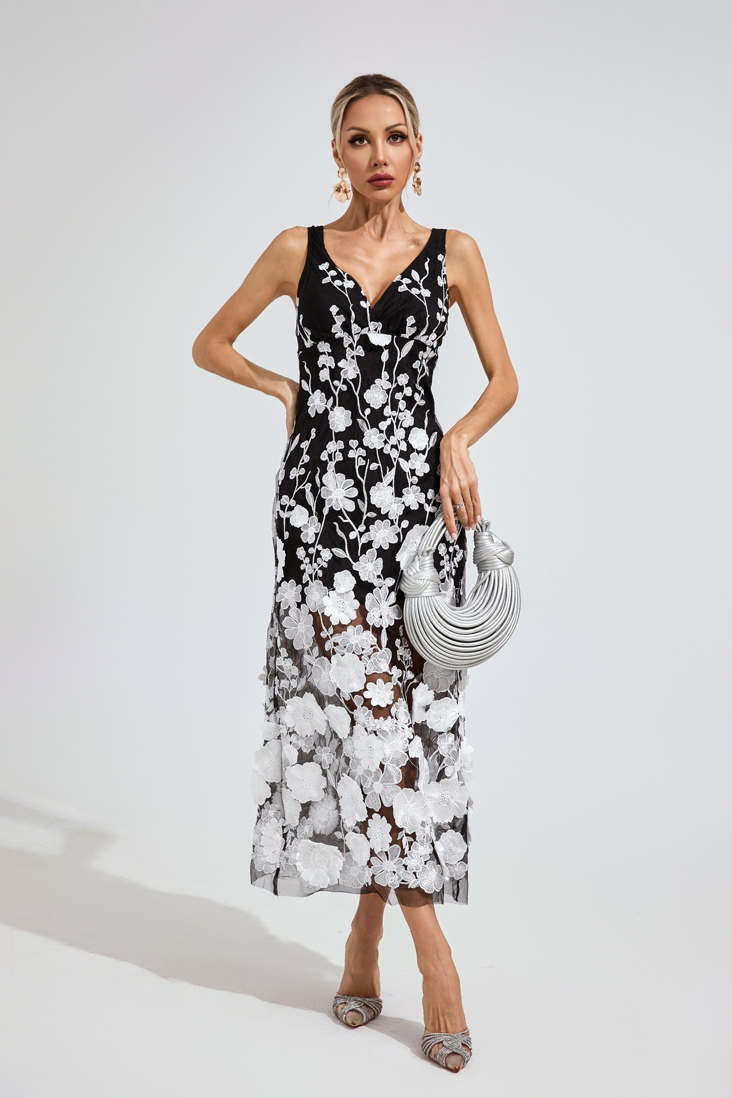 Plythar Ture Black Mesh Print Floral Dress