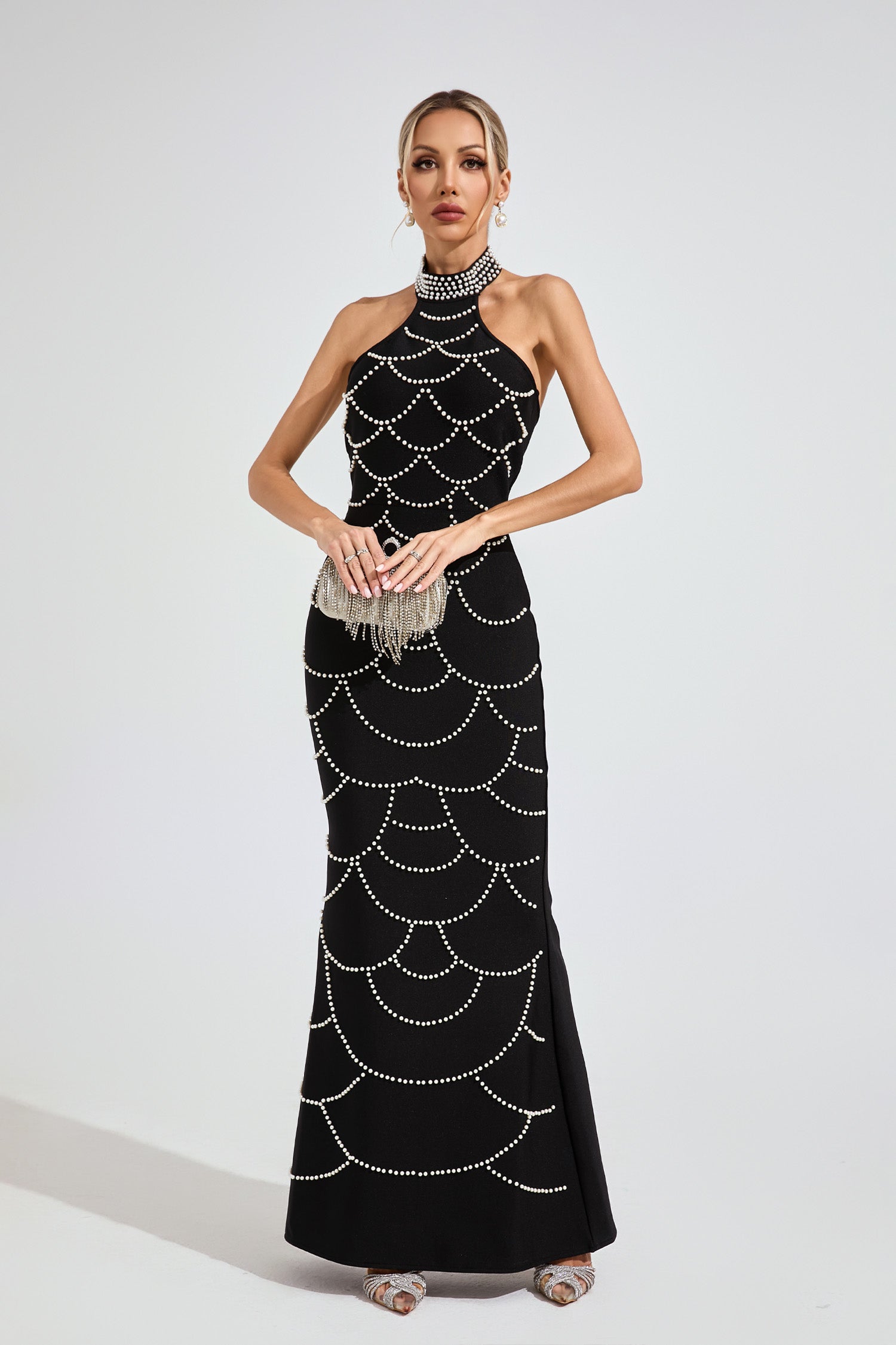 Malati Pearl Halter Bandage Maxi Dress In Black