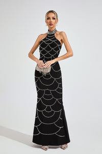 Malati Pearl Halter Bandage Maxi Dress In Black