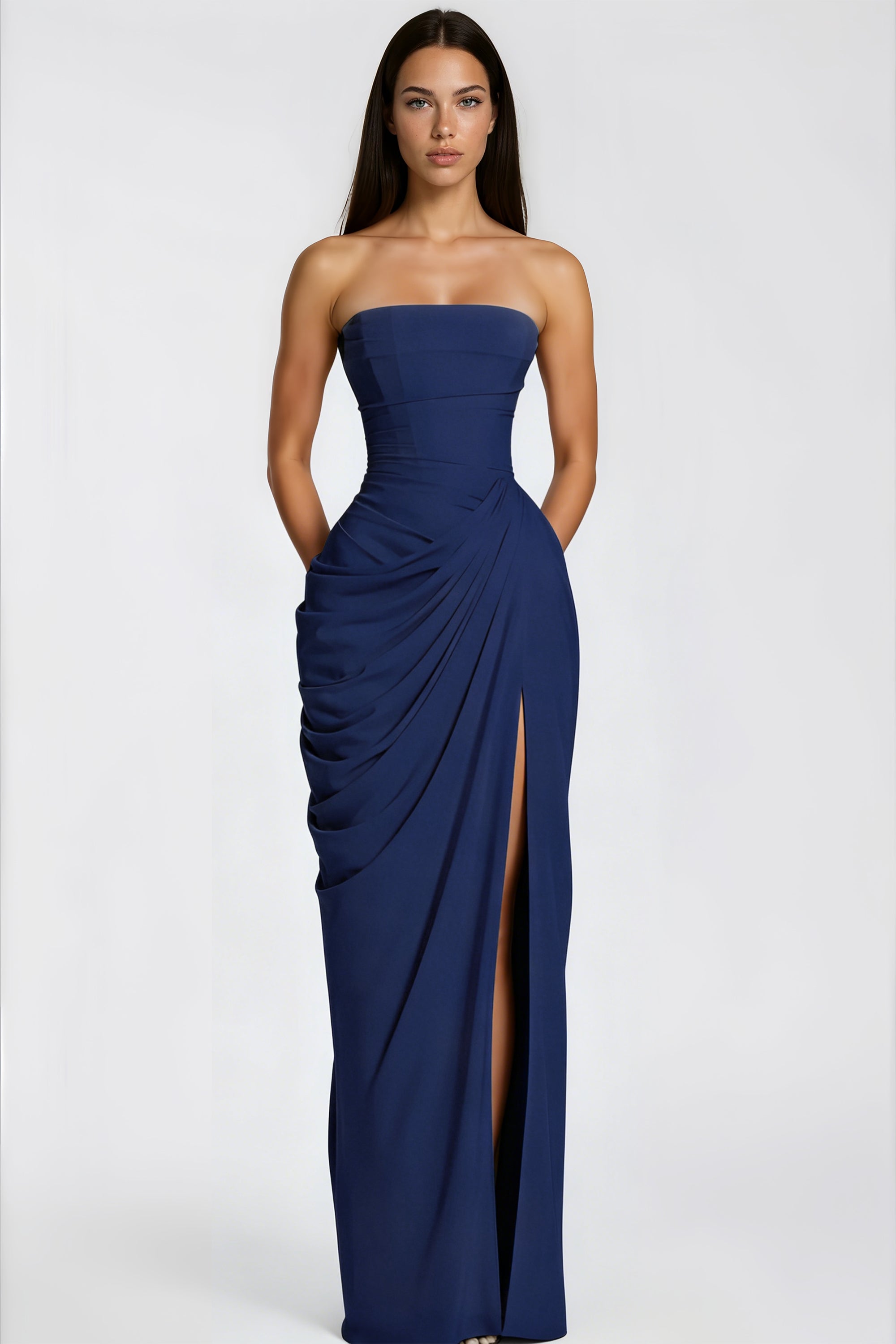 Riveno Strapless Draped High-Slit Maxi Dress