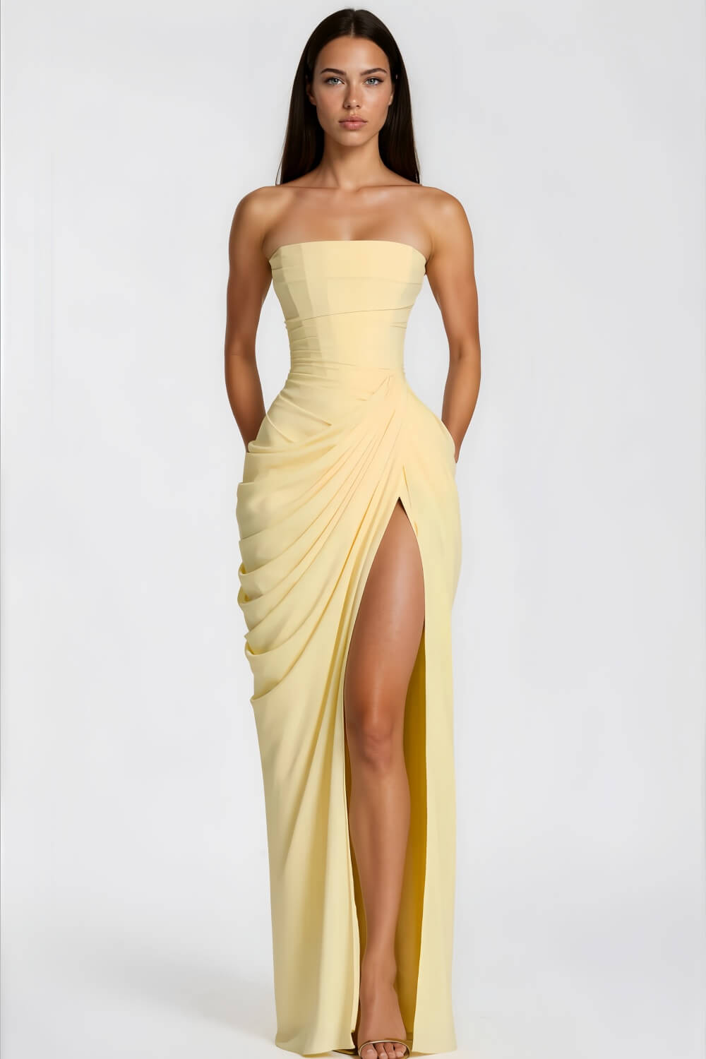 Riveno Strapless Draped High-Slit Maxi Dress