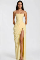 Riveno Strapless Draped High-Slit Maxi Dress